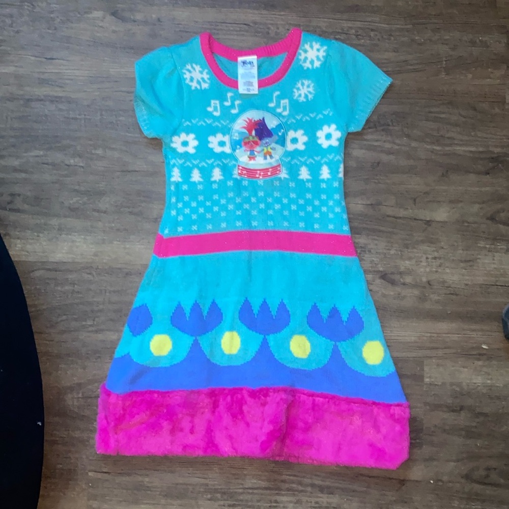 H.I.S. Trolls Girl's Poppy Sweater Knit Dress (Blue/Pink, size M (7-8)